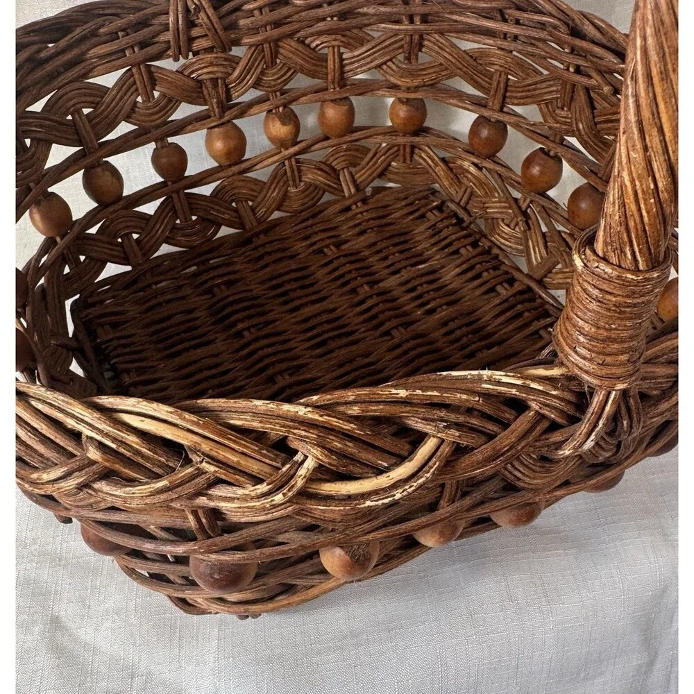 Vintage Hand Woven Basket Wicker 11 Brown Gathering Basket with Handle